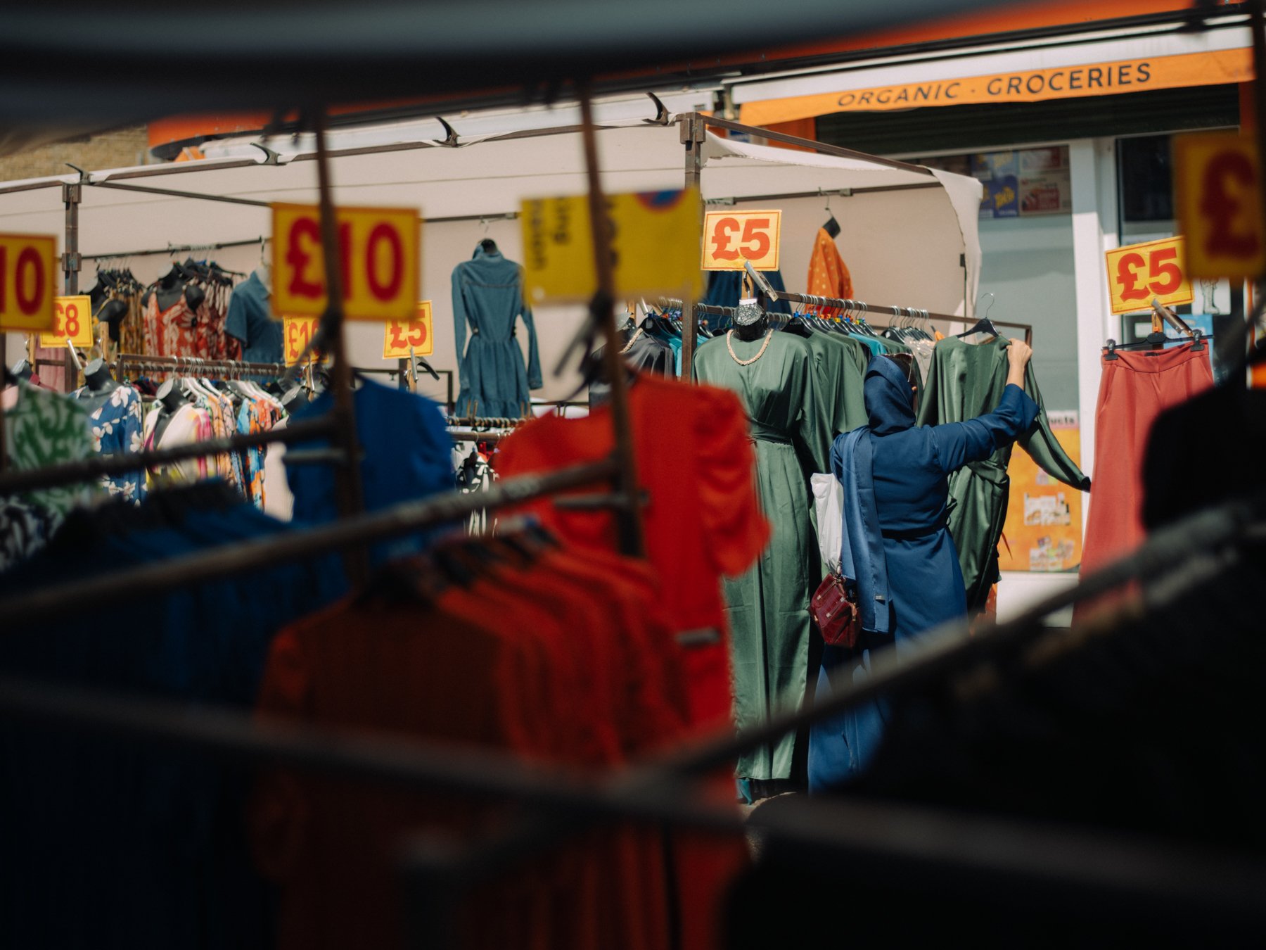 Women shopping on market stall in Tower Hamlets, London. Image by Freya Najade