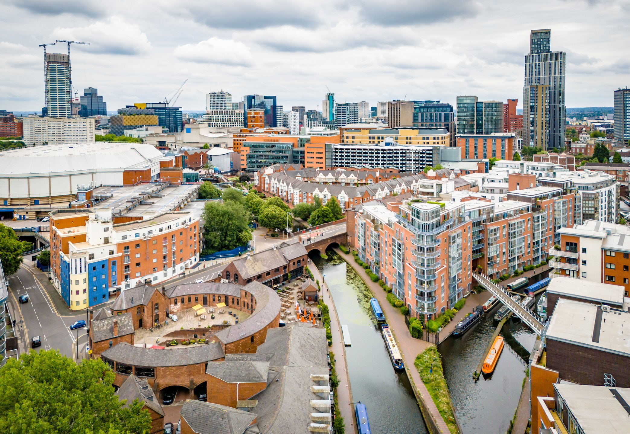 Birmingham Canal Old Line in city centre with barges