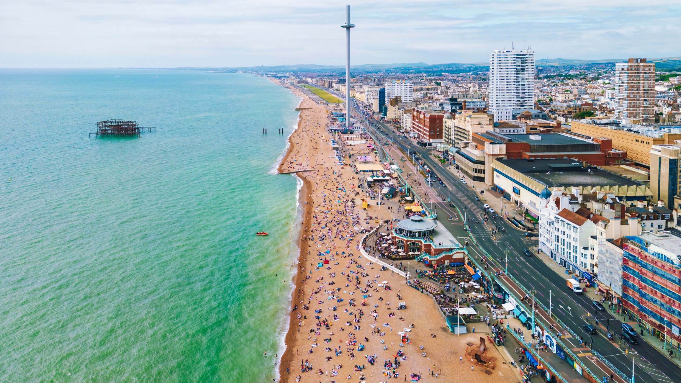 Aerial view of Brighton city East Sussex with i360 observation tower , UK