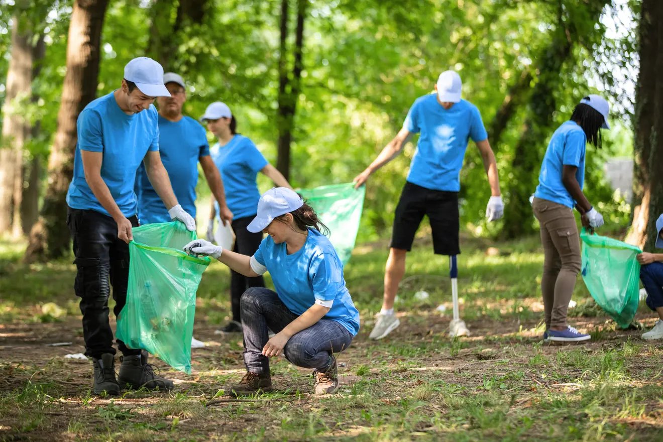 Volunteers collecting trash