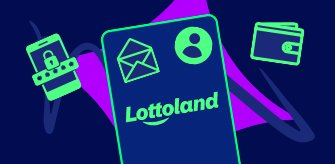 Abstract smartphone with a screen showing the Lottoland logo, surrounded by smartphone, envelope, user and wallet icons