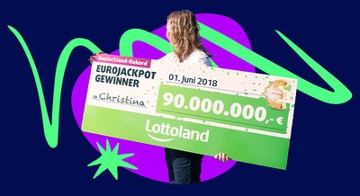 Banner showing the 79 million pounds Eurojackpot winner Christina with her cheque