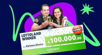 Lottoland winner Marianne holding a giant cheque for £100,000 KeNow jackpot, celebrating a big lottery win with family.