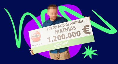 PowerBall winner Mathias holding his cheque from Lottoland.