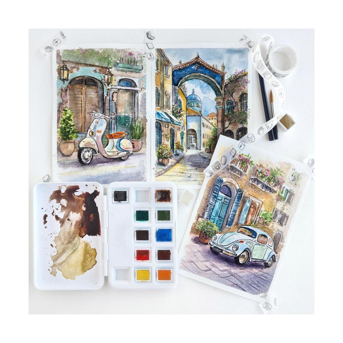 Van Gogh Aquarell Pocket Box Basic Colours geöffnet mit 15 Näpfchen, Rundpinsel und Mischpalette