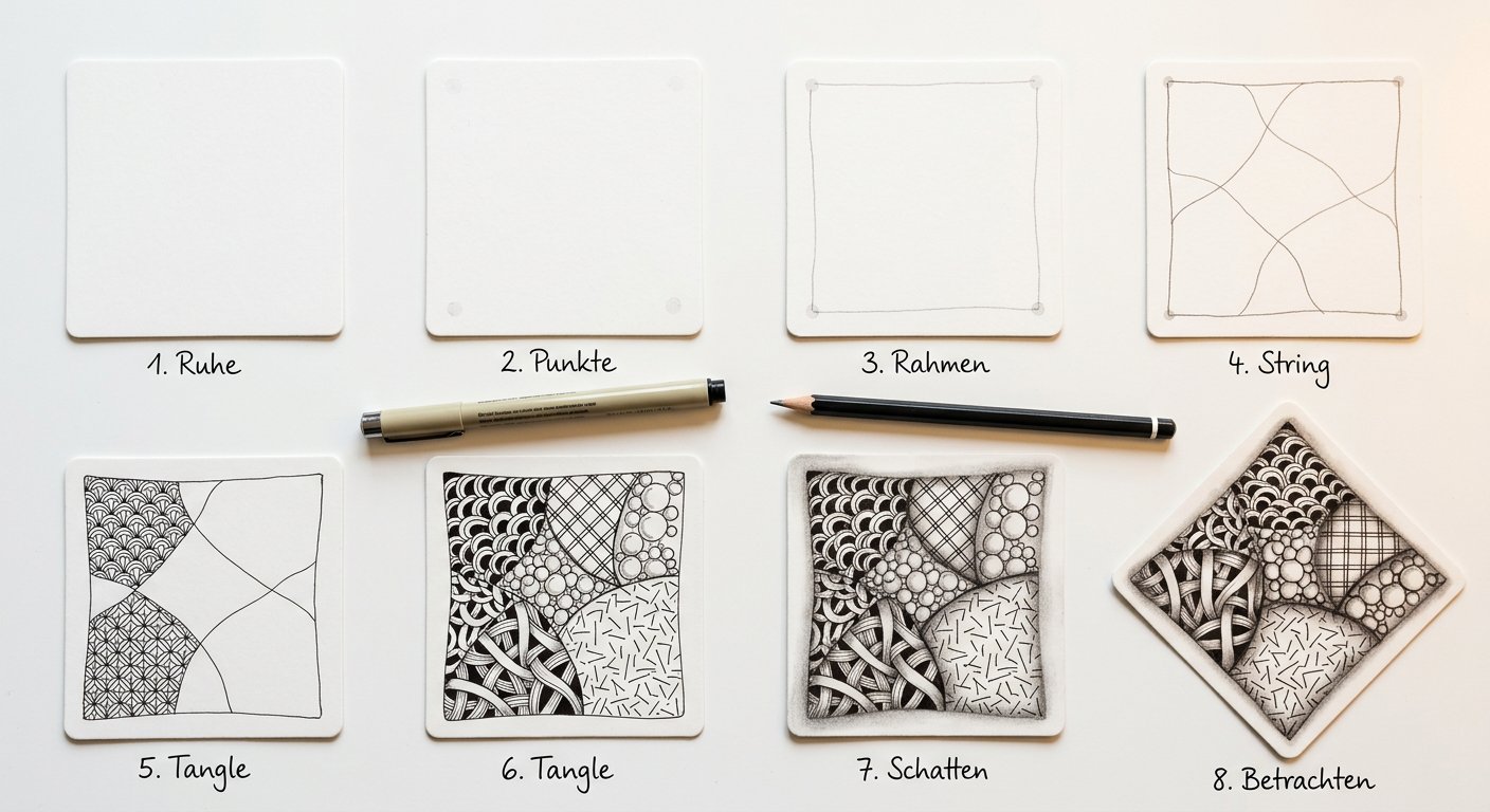 Fünf Zentangle Muster für Anfänger nebeneinander: Crescent Moon, Hollibaugh, Florz, Static und Tipple mit handschriftlichen Beschriftungen