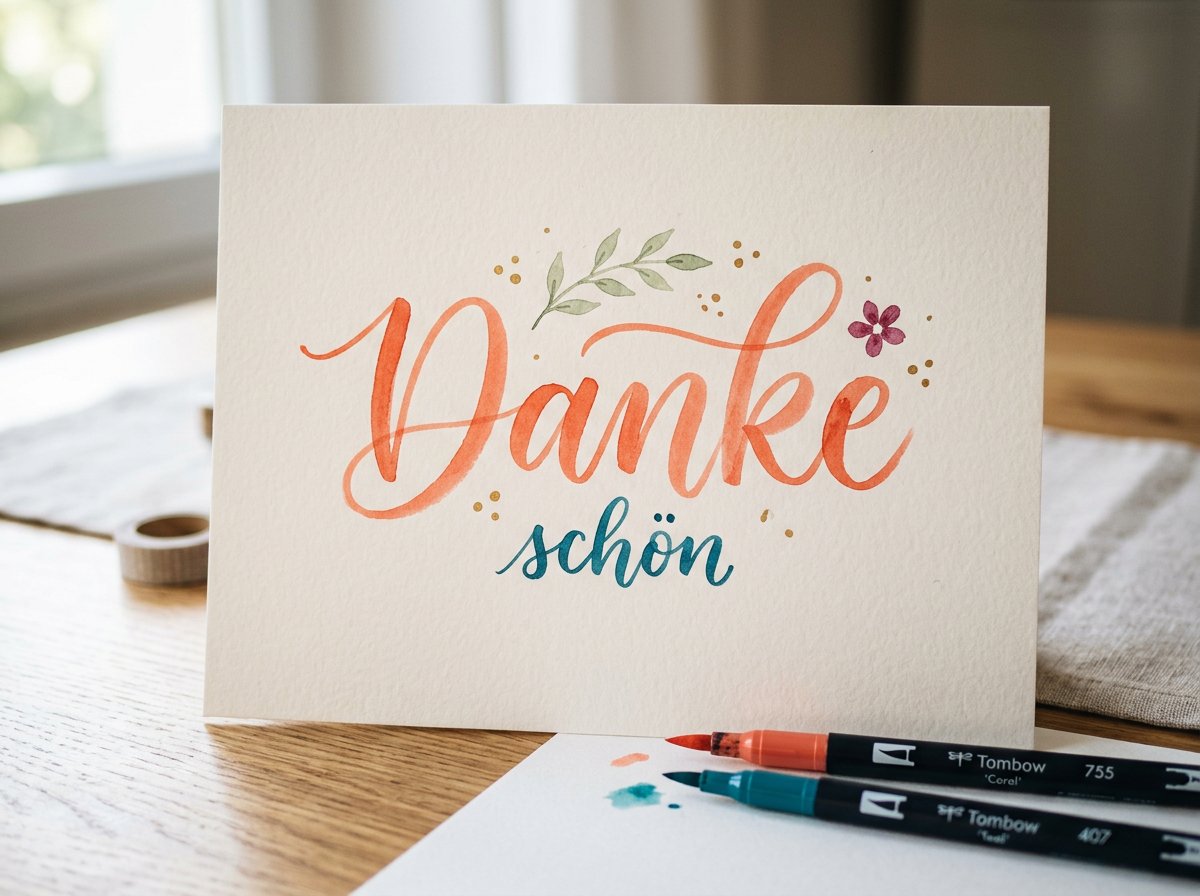 Handlettering-Schriftzug «Danke» in bunten Farben auf weissem Papier, geschrieben mit verschiedenen Brush Pens