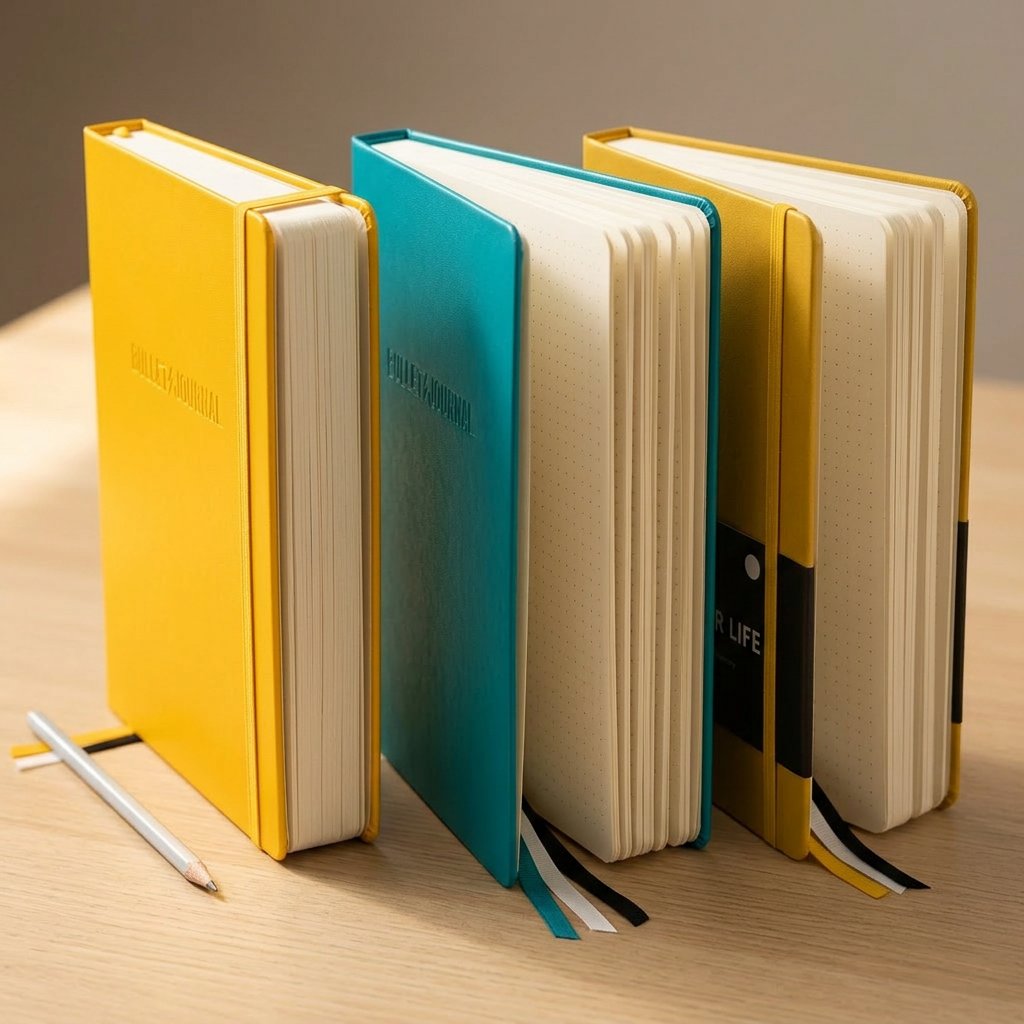 Drei Bullet Journal Notizbücher nebeneinander: Leuchtturm1917 Edition 2, Edition 120G und naturalNote Apfelleder mit sichtbarem Dotted-Raster