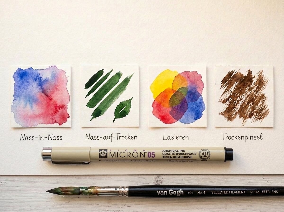 Vier Aquarelltechniken nebeneinander: Nass-in-Nass-Verlauf, scharfe Linien auf Trocken, lasierte Schichten, Trockenpinsel-Textur