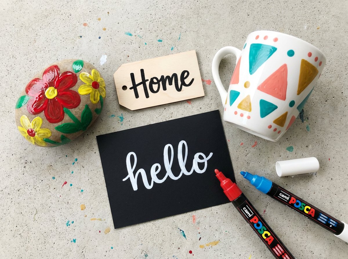 Posca Acrylmarker auf verschiedenen Oberflächen: bemalter Stein, Holzbrett mit Schriftzug und Keramiktasse mit buntem Muster