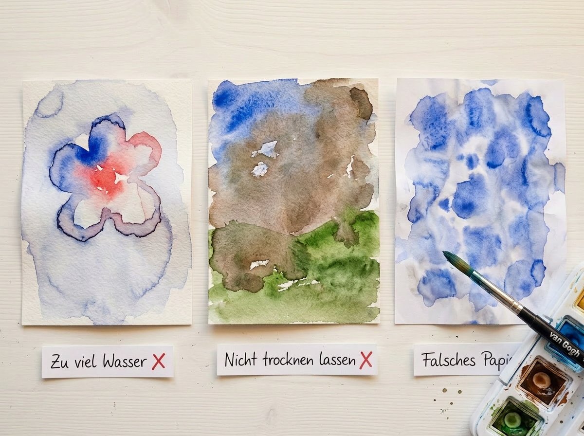 Drei Aquarell-Fehler nebeneinander: zu viel Wasser mit Pfützenrändern, matschige Farben durch zu frühes Übermalen, gewelltes dünnes Papier