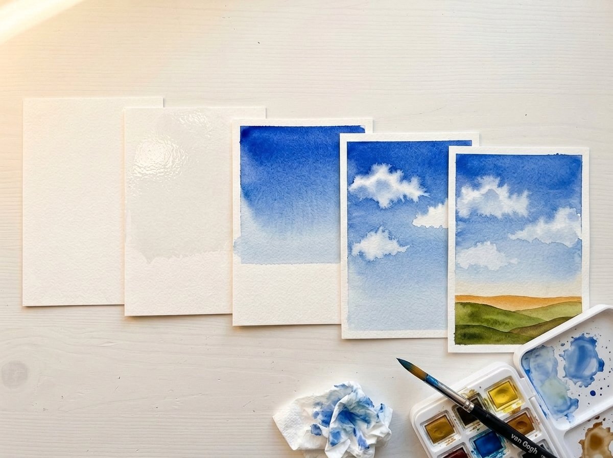 Fünf Stufen eines Aquarellhimmels: leeres Papier, nasses Papier, blauer Verlauf, Wolken, fertiges Bild mit Horizont
