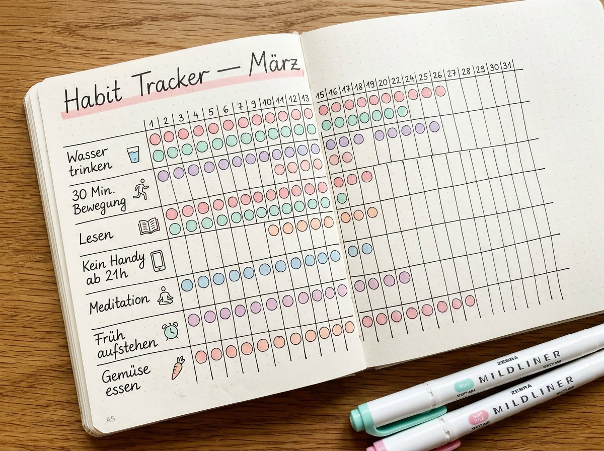 Bunter Habit Tracker im Bullet Journal mit Zebra Mildliner Pastellfarben, halb ausgefüllte Kreise und handgeschriebene Gewohnheiten
