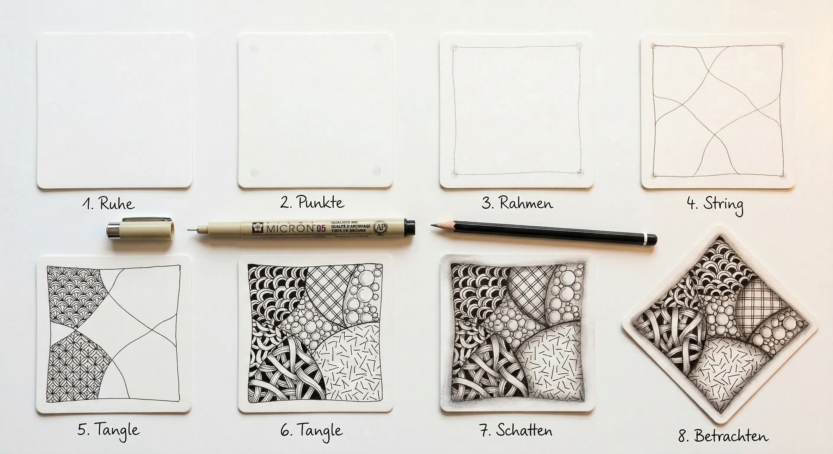 Fünf Zentangle Muster für Anfänger nebeneinander: Crescent Moon, Hollibaugh, Florz, Static und Tipple mit handschriftlichen Beschriftungen