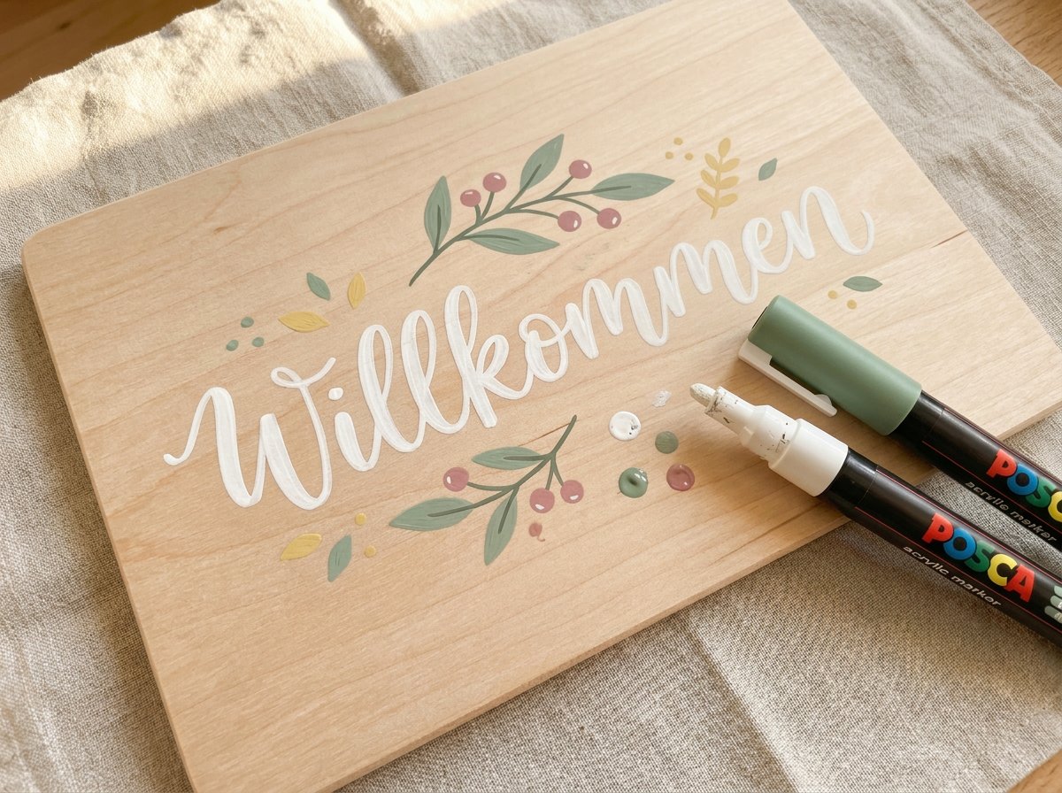 Posca Acrylmarker auf Holz: handbemaltes Holzschild mit floralen Motiven und Schriftzug in Weiss und Pastellfarben