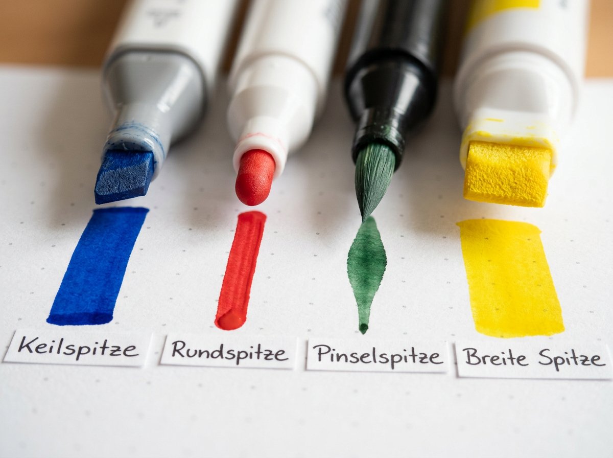 Marker-Spitzen im Vergleich: Keilspitze, Rundspitze, Pinselspitze und Kalligrafie-Spitze Nahaufnahme