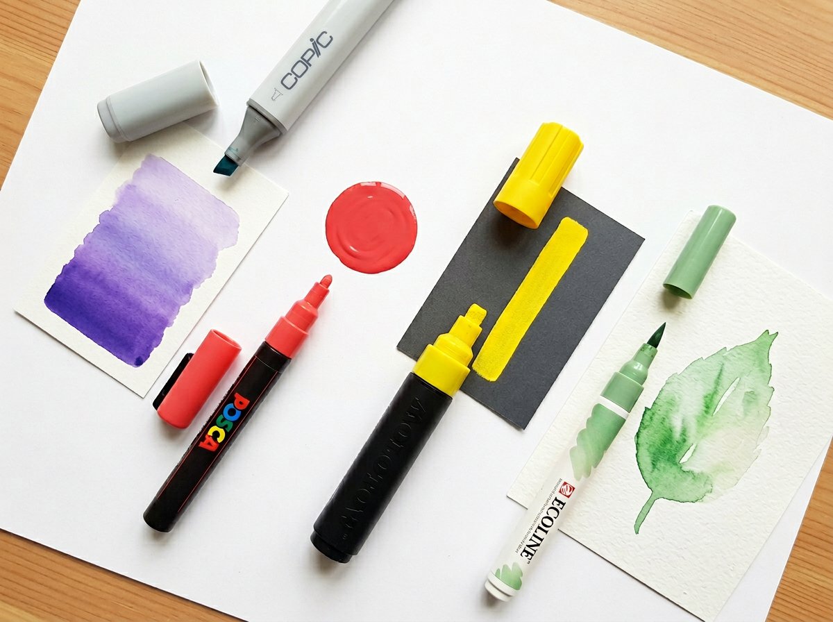 Verschiedene Marker-Typen im Vergleich: Copic, Posca, Molotow und Ecoline auf weissem Hintergrund