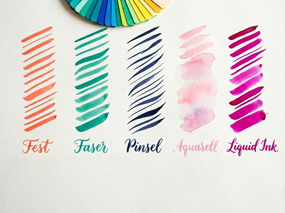 Strichvergleich von fünf Brush Pens auf glattem Papier: unterschiedliche Strichbreiten und Farbintensitäten nebeneinander