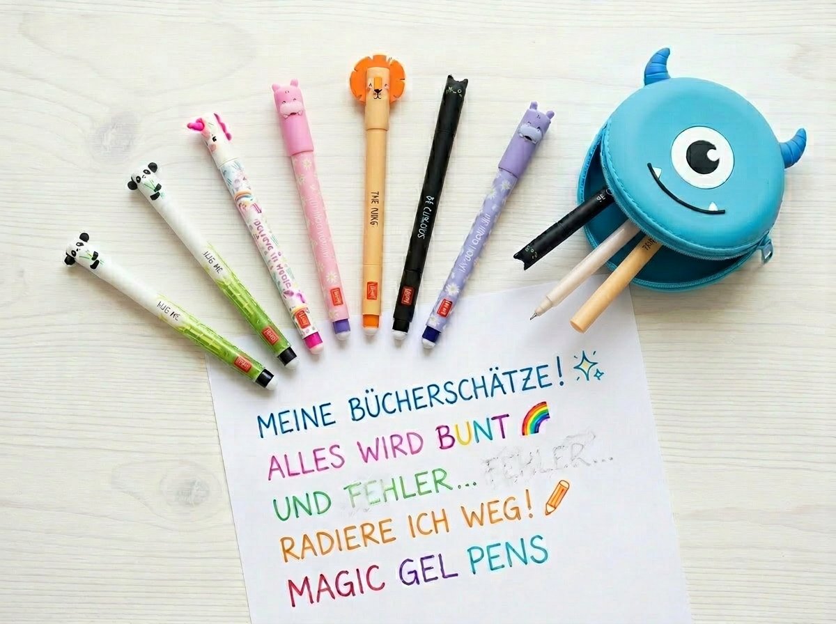 Legami Tier-Gelstifte Flat Lay mit Panda, Hai, Einhorn und geöffnetem Silikon-Etui auf weissem Schreibtisch