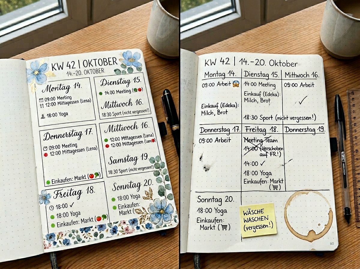 Vergleich: Links ein Pinterest-perfektes Bullet Journal Spread, rechts ein echtes Bullet Journal mit durchgestrichenen Einträgen und handschriftlichen Korrekturen