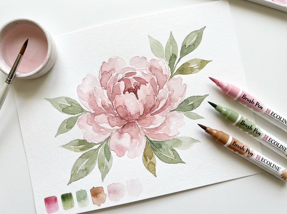 Ecoline Brush Pen Aquarell-Effekt: botanische Blumenillustration mit sanften Farbverläufen in Rosa und Grün auf Aquarellpapier