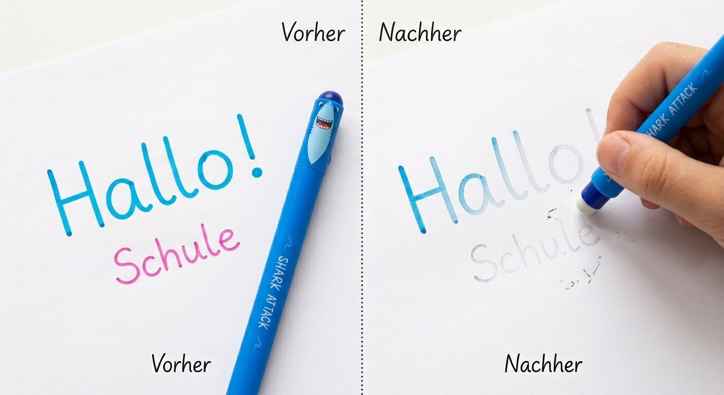 Legami Gelstift radiert einen Schriftzug: links der originale bunte Text, rechts der halb wegradierte Text mit dem Radier-Element am Deckel