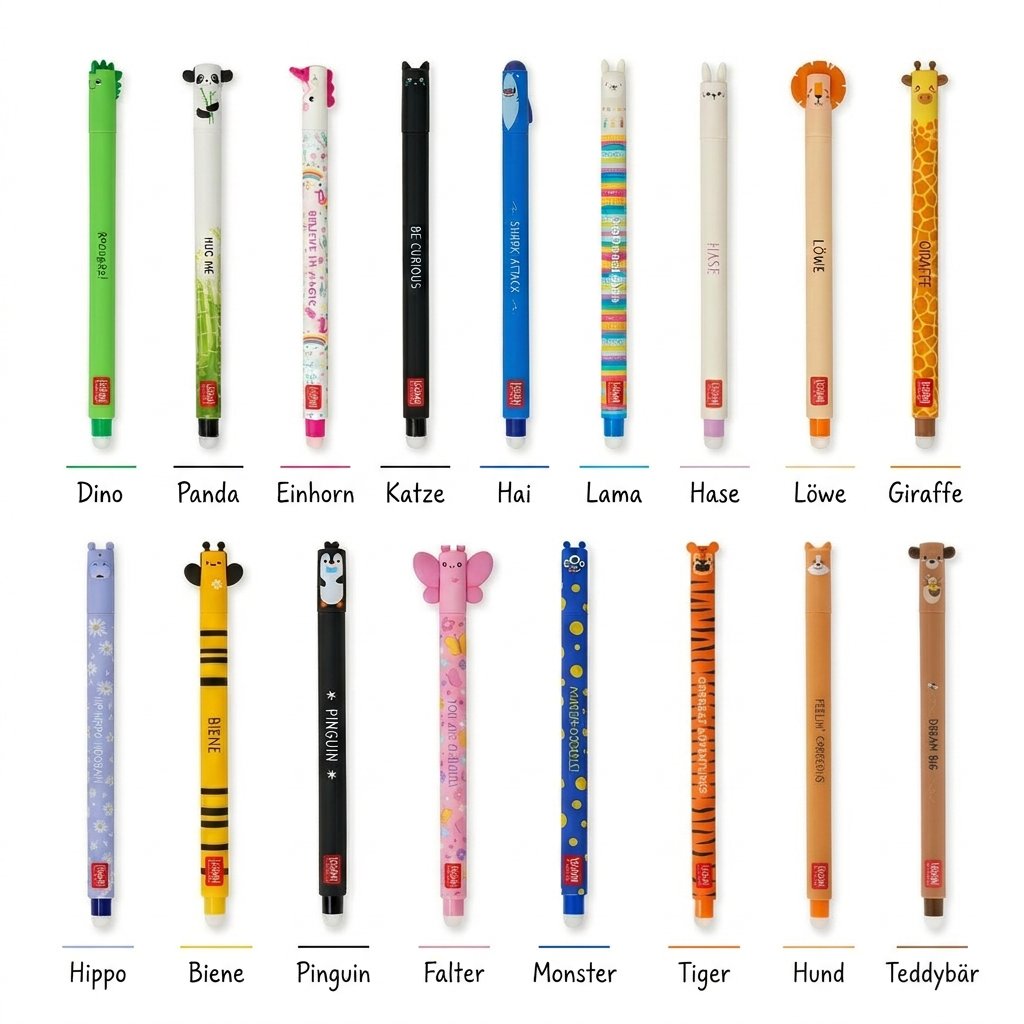 Alle 17 Legami Tier-Gelstifte in zwei Reihen arrangiert, jeder Stift mit einem Strich in seiner Tintenfarbe daneben