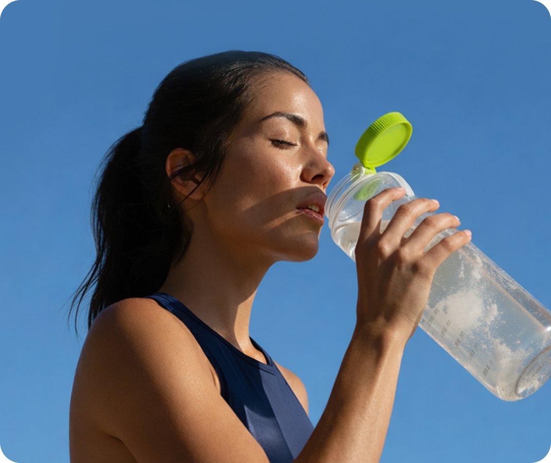 Photo of a person drinking water outdoors next to text reading ‘Hydration depletes’ with a supporting statistic.