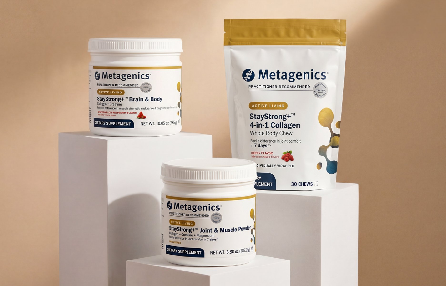 Three StayStrong collagen supplement products by Metagenics displayed on white pedestals against a warm beige background.