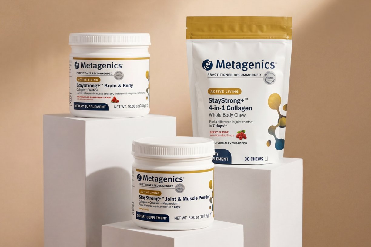 Three StayStrong collagen supplement products by Metagenics displayed on white pedestals against a warm beige background.