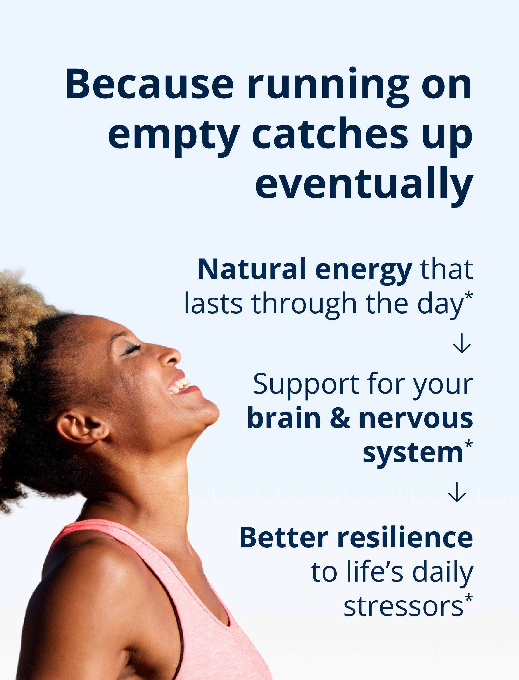 A person looks upward and smiles with soft lighting behind them. Text highlights benefits such as natural all‑day energy, brain and nervous system support, and improved resilience to daily stress.