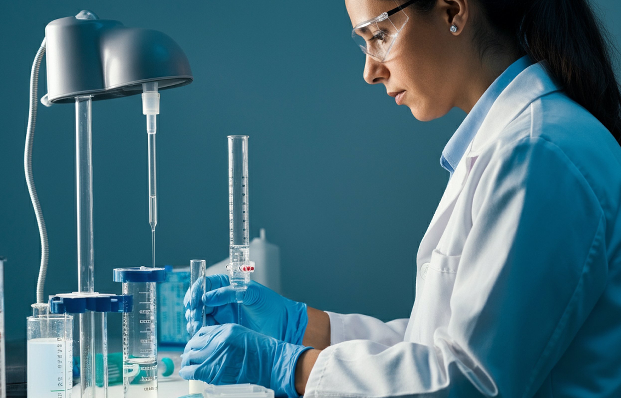 Laboratory scientist wearing protective eyewear and gloves conducts supplement quality testing with glass beakers and lab instruments, representing Metagenics’ commitment to research-driven formulation, safety, and product efficacy.