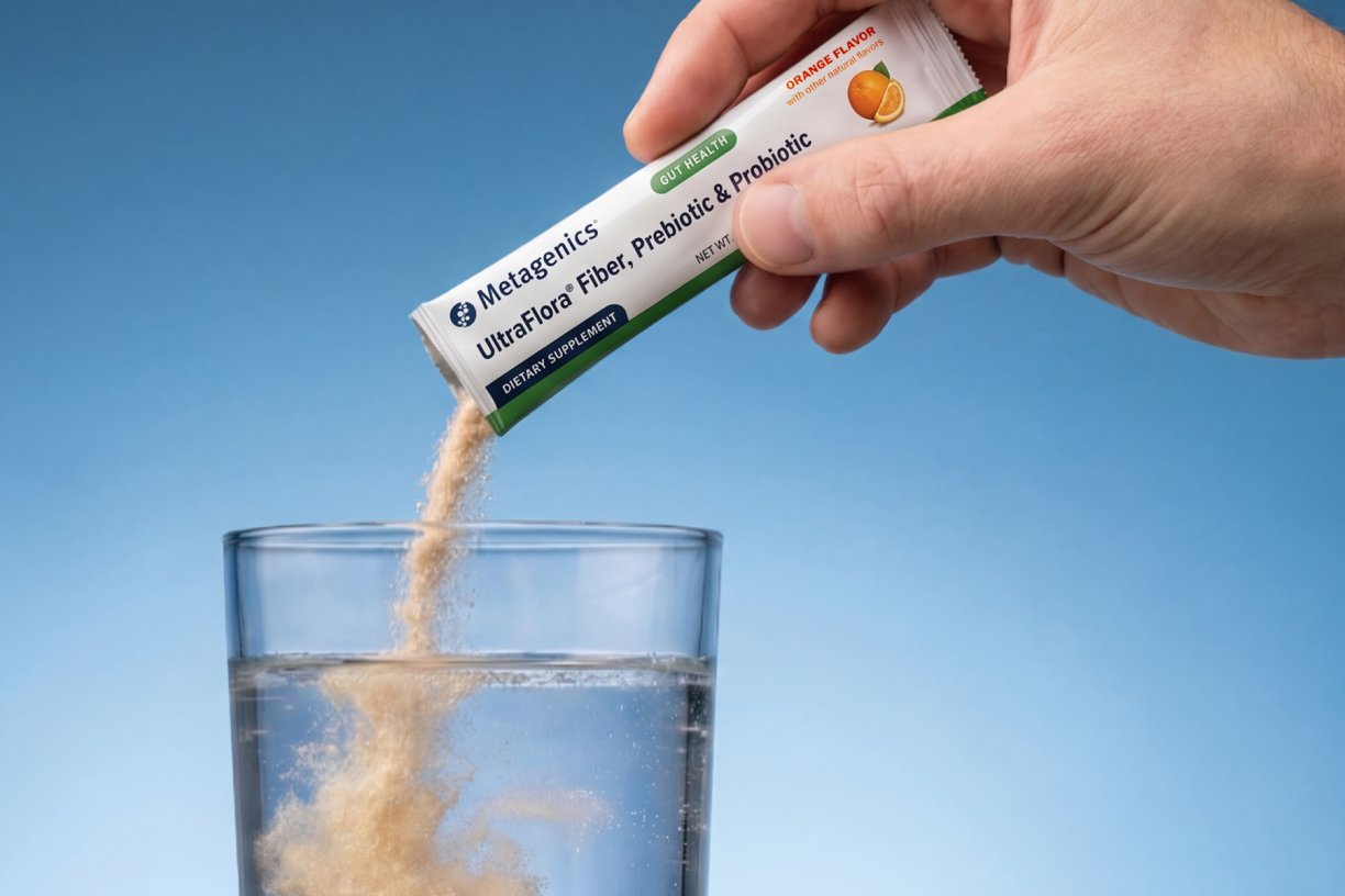 Hand pouring Metagenics' UltraFlora Fiber + prebiotics and probiotic, and fiber supplement powder into a glass of water against a light blue gradient background.