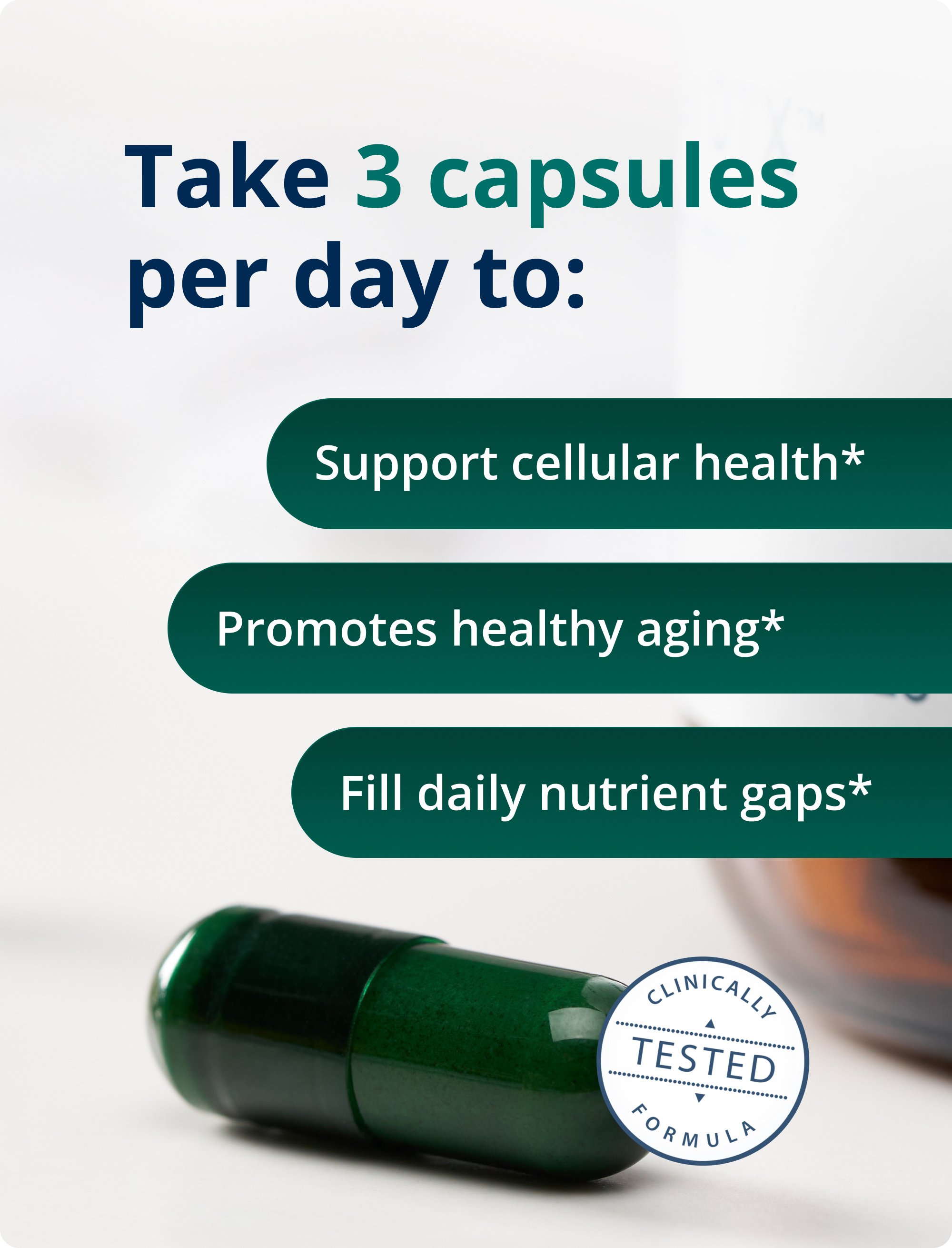 Green PhytoMulti capsules next to a ‘Clinically Tested’ seal with text listing benefits of taking three capsules daily, including supporting cellular health, healthy aging, and filling nutrient gaps