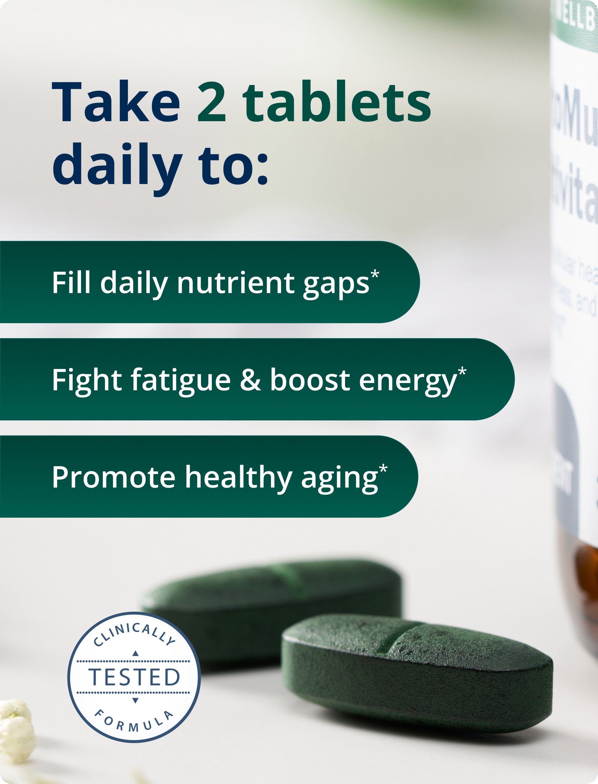 Two dark green tablets next to a ‘Clinically Tested’ seal with text listing benefits of taking two tablets daily, including filling nutrient gaps, boosting energy, and supporting healthy aging.