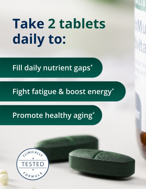 Two dark green tablets next to a ‘Clinically Tested’ seal with text listing benefits of taking two tablets daily, including filling nutrient gaps, boosting energy, and supporting healthy aging.