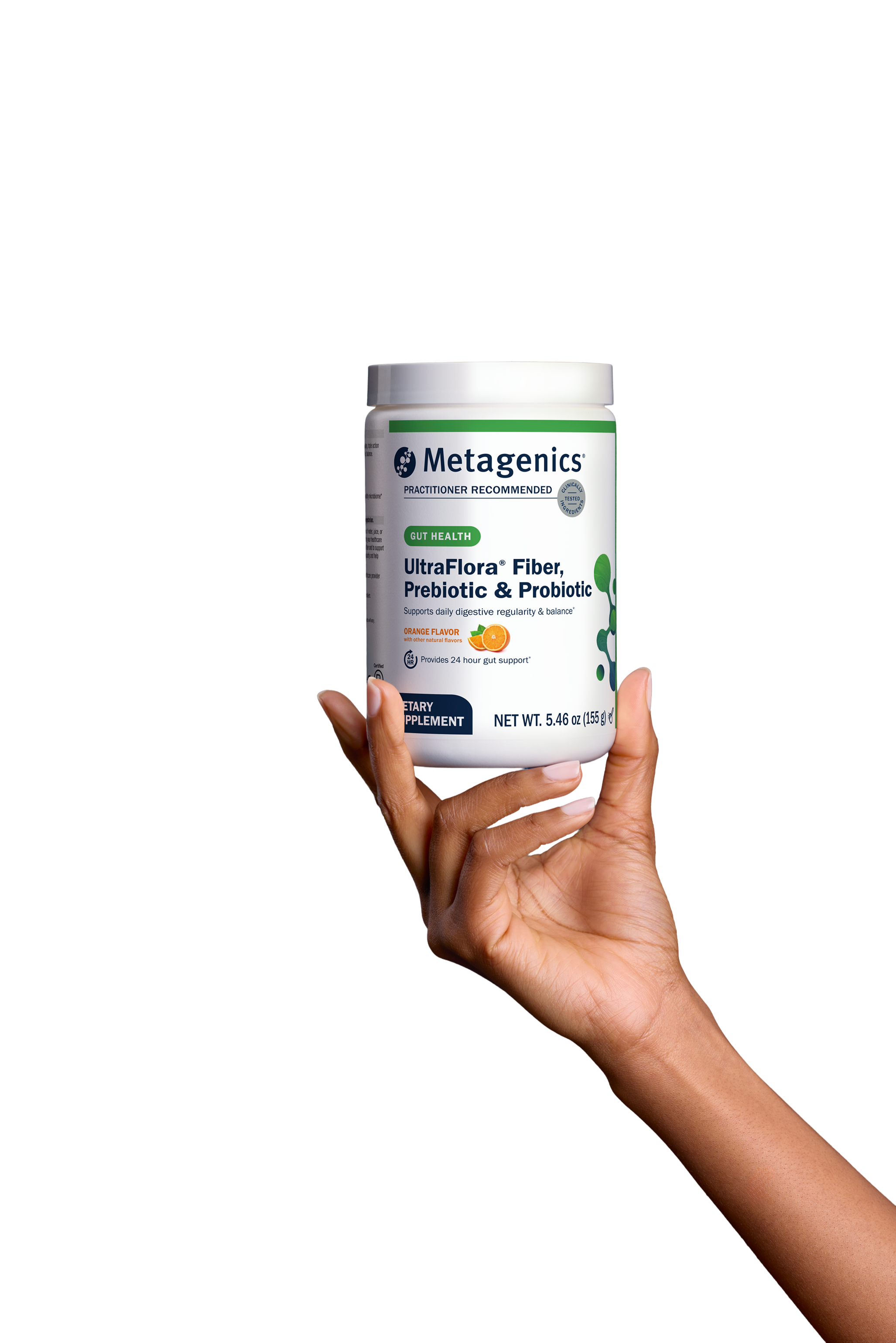 A hand holding a white bottle of Metagenics UltraFlora® Fiber + Prebiotic + Probiotic, a daytime formula designed to support daily consistency and gut balance. Featured on a page about doctor recommended probiotics.
