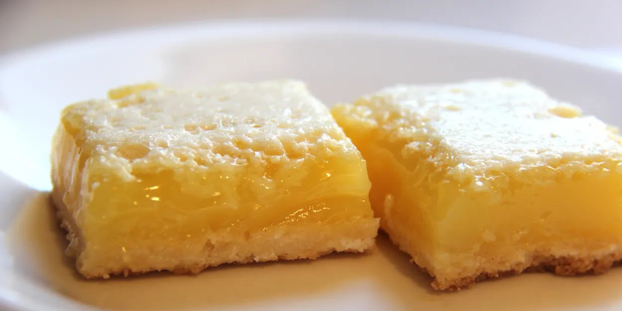 Two delicious lemon bars on a white plate