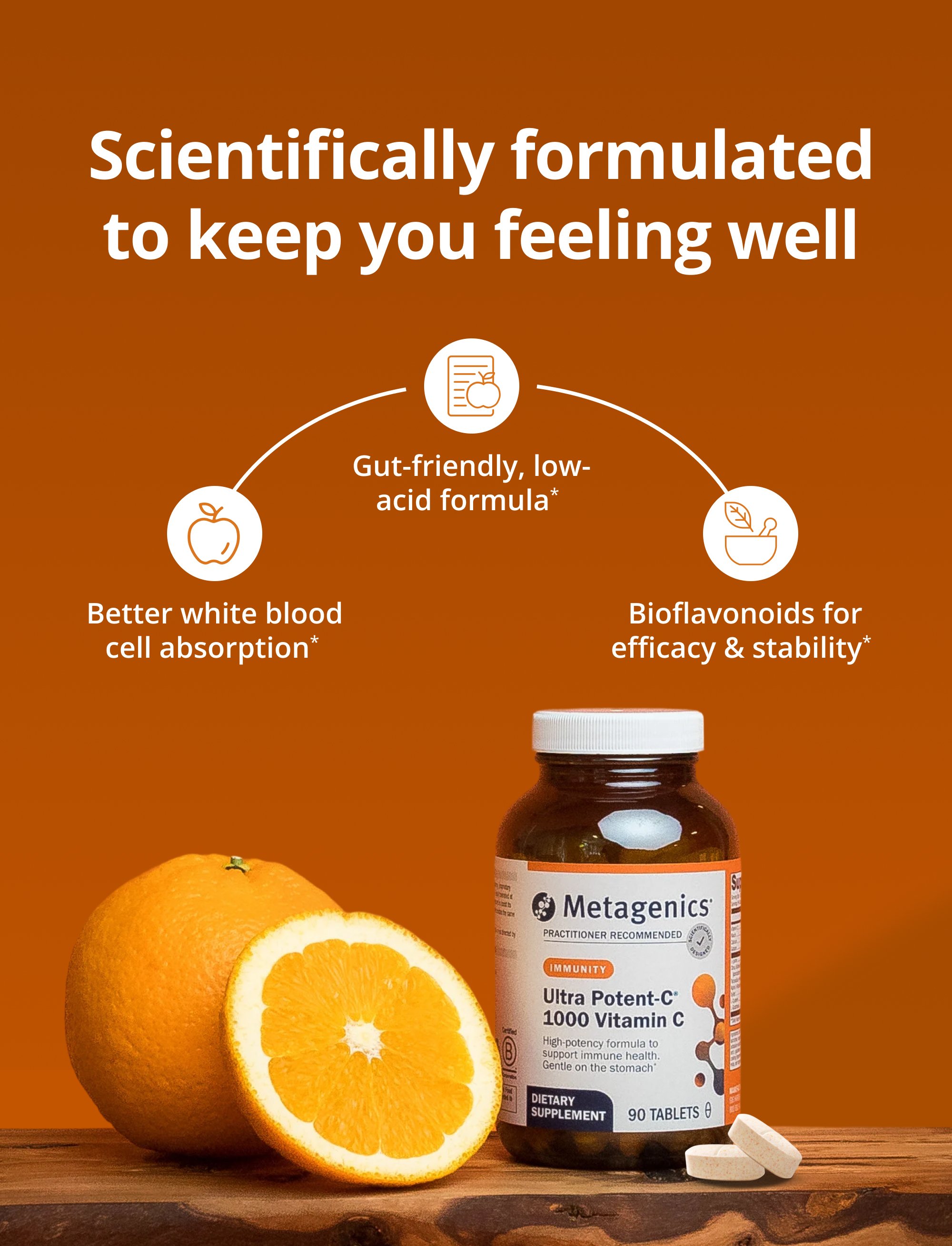 Orange background with an orange and a Metagenics supplement bottle beside diagrams highlighting better white blood cell absorption, bioflavonoids for stability, and a gut‑friendly low‑acid formula