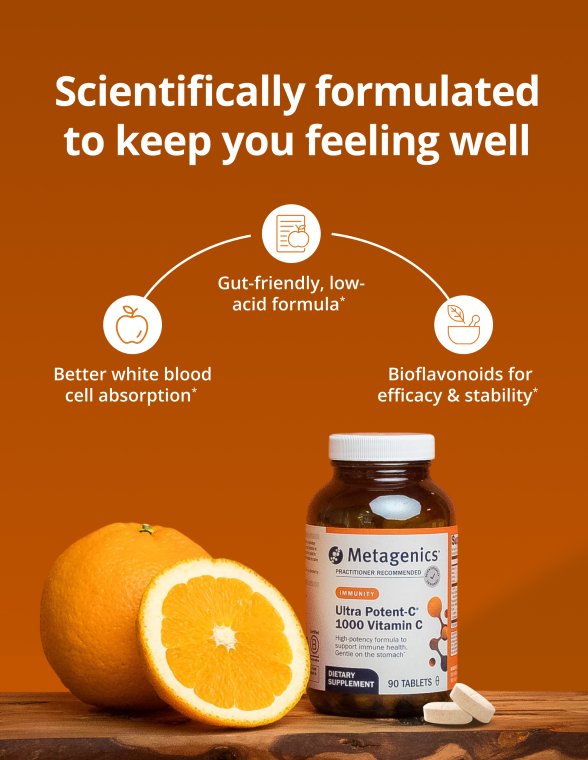 Orange background with an orange and a Metagenics supplement bottle beside diagrams highlighting better white blood cell absorption, bioflavonoids for stability, and a gut‑friendly low‑acid formula