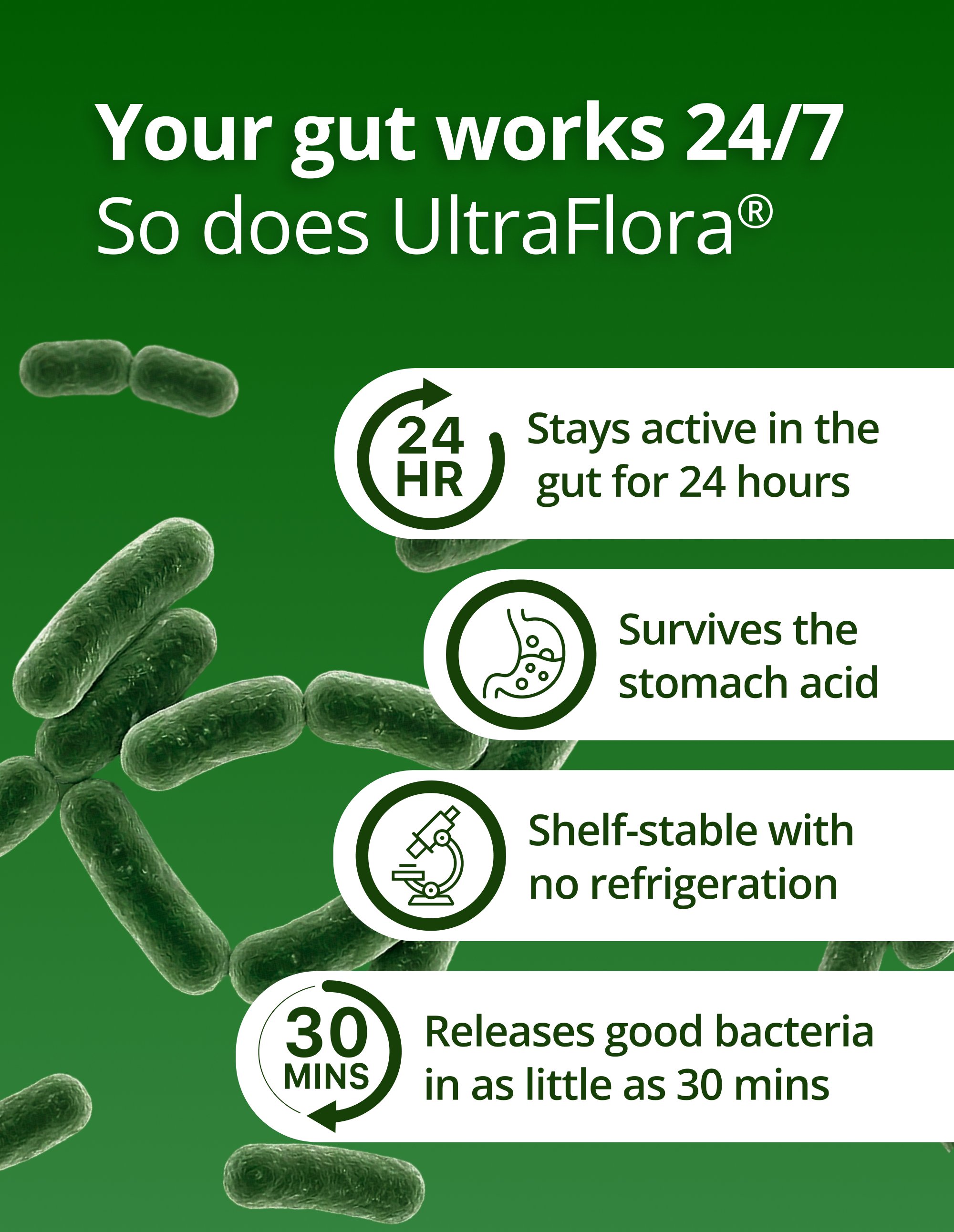 Green capsule illustrations with text highlighting that UltraFlora stays active in the gut for 24 hours, survives stomach acid, is shelf‑stable, and releases bacteria within 30 minutes.