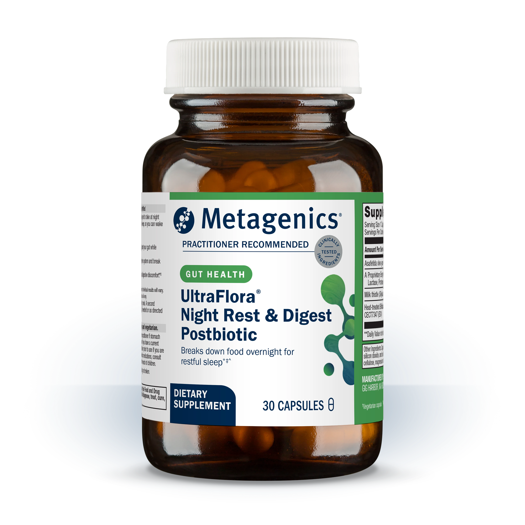 A bottle of Metagenics UltraFlora Night Rest & Digest postbiotic capsules, featured on a page about doctor recommended probiotics.