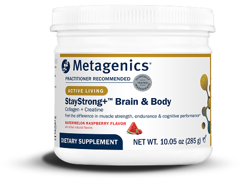 StayStrong+ Brain & Body powder container. Includes creatine for mind and muscles and VERISOL&reg; hydrolyzed collagen for skin.