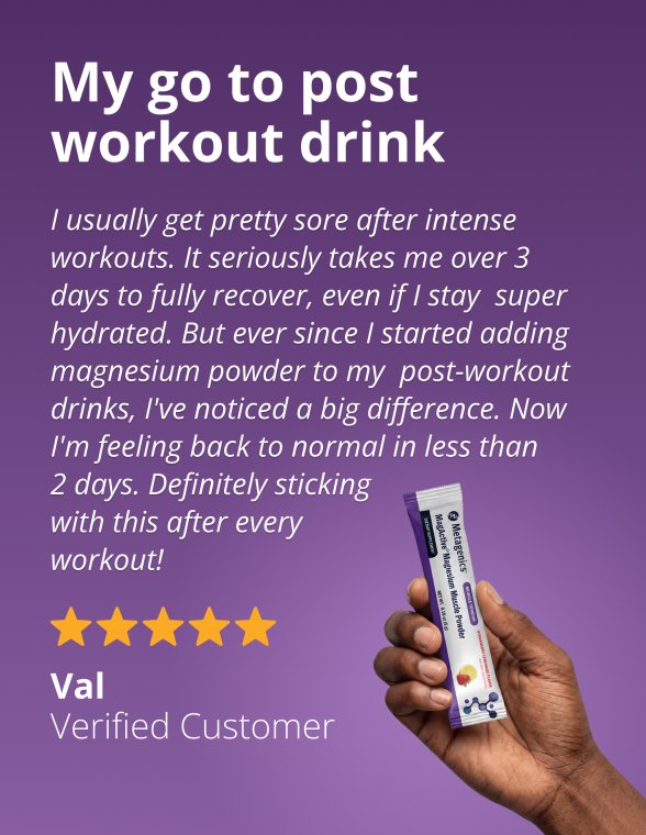 Customer testimonial highlighting reduced post-workout soreness and faster recovery after adding MagActive® Magnesium Muscle Powder to a daily routine.
