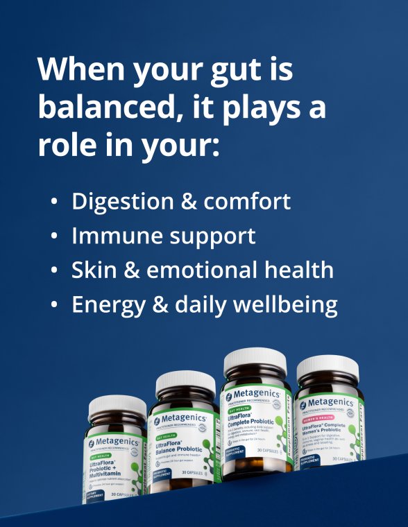 Blue background with several UltraFlora supplement bottles and text listing benefits of a balanced gut, including digestion, immune support, skin and emotional health, and daily wellbeing