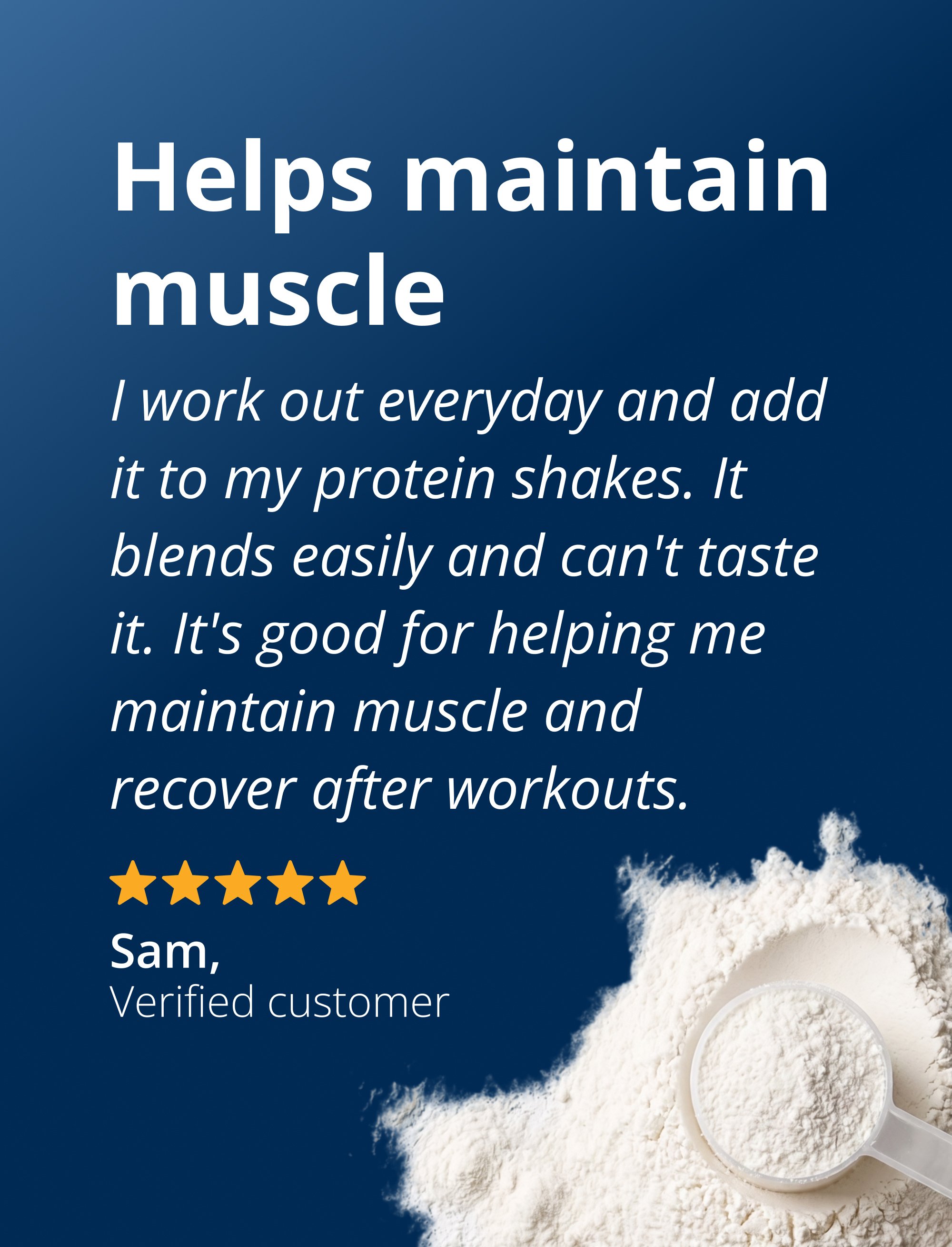 A hand holding two StayStrong+ Joint & Muscle Powder packets next to a customer testimonial from Sam with five gold stars, describing using the powder in protein shakes to support muscle maintenance and post‑workout recovery.