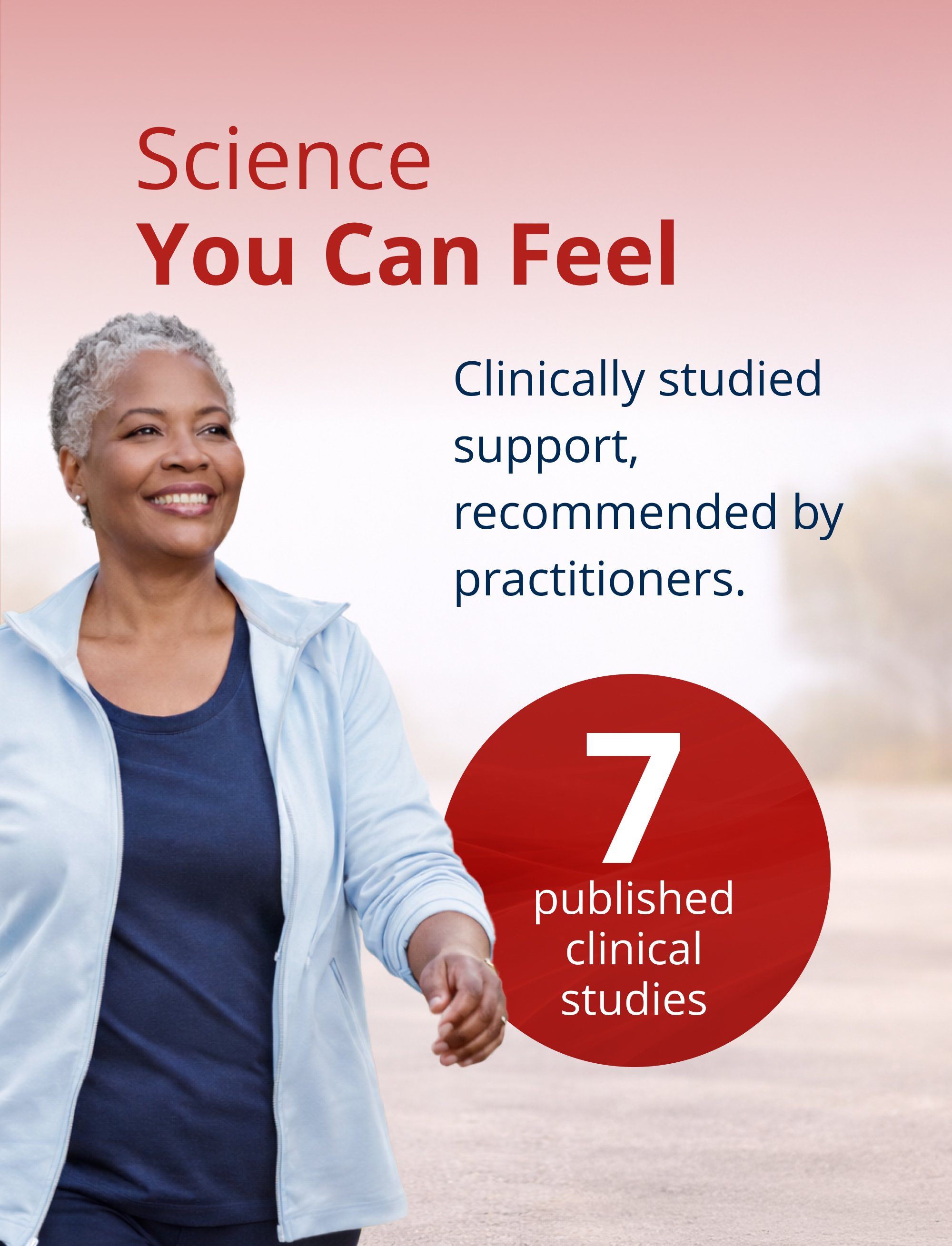 Person smiling with hands on hips beside text highlighting that SPM Active is clinically studied, practitioner‑recommended, and supported by six published clinical studies.
