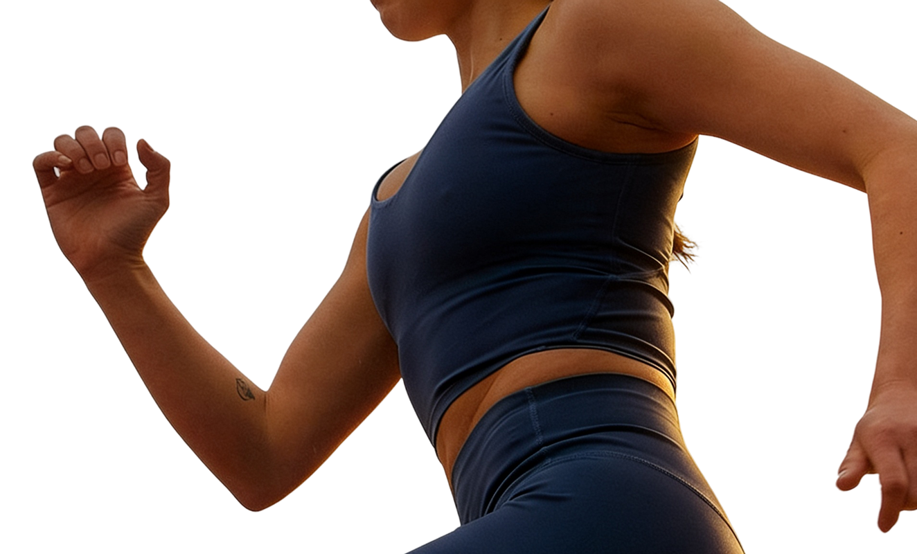 Woman running in a navy workout outfit, representing strength, movement, and healthy aging with Metagenics® StayStrong+ collagen supplements.