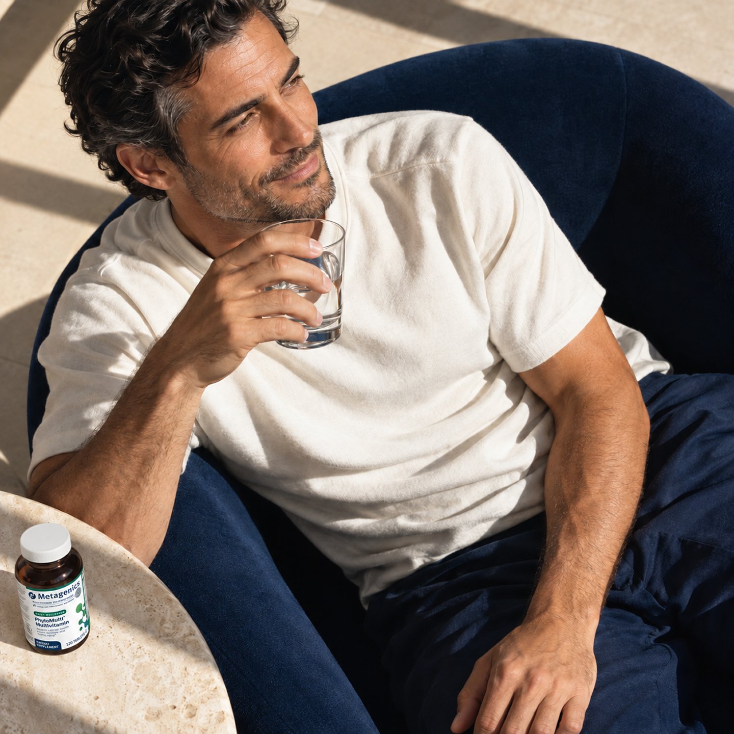 Person holding a glass of water next to a Metagenics supplement bottle, representing science-backed wellness and practitioner-grade nutrition.