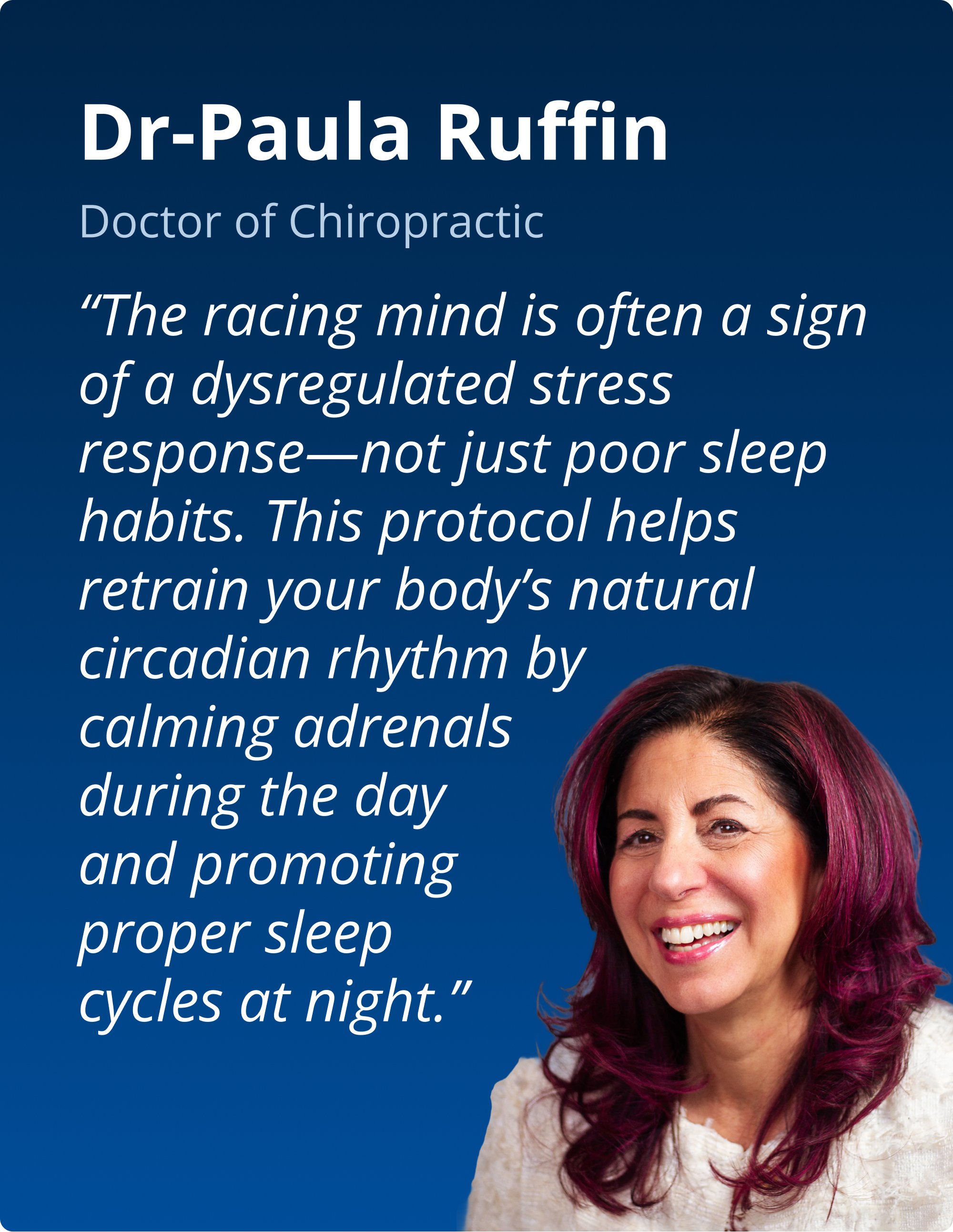 Content splash for the Metagenics Sleep Reset Bundle for Rhythm, Calm & Restoration featuring a photo of Dr. Paula Ruffin beside her quote about supporting circadian rhythm through daytime stress regulation and nighttime sleep‑cycle support.